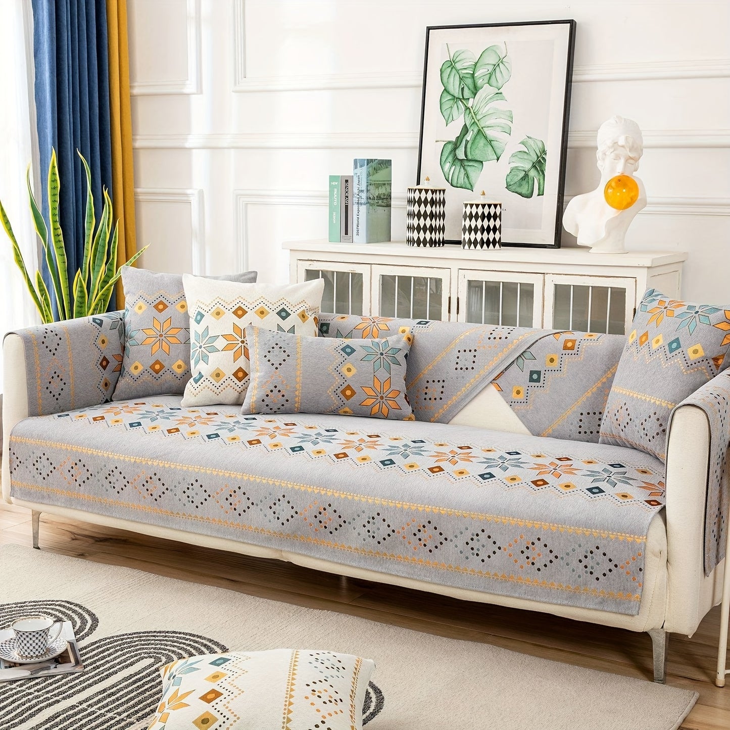 1pc Bohemian Chenille Sofa Slipcover, Geometric Pattern Non-slip Sofa Cover, Furniture Protector For Bedroom Office Living Room Home Decor