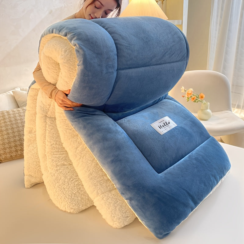 Ultra Breathable Soft Comforter - 1pc Thick Lamb Quilt Double-Sided Box Stitch Solid Color - All Season Cover Quilt for Bedroom Warm Autumn And Winter, Gift, Home Decor