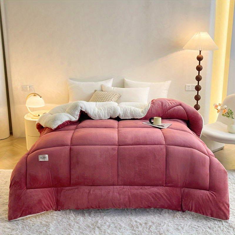 Ultra Breathable Soft Comforter - 1pc Thick Lamb Quilt Double-Sided Box Stitch Solid Color - All Season Cover Quilt for Bedroom Warm Autumn And Winter, Gift, Home Decor