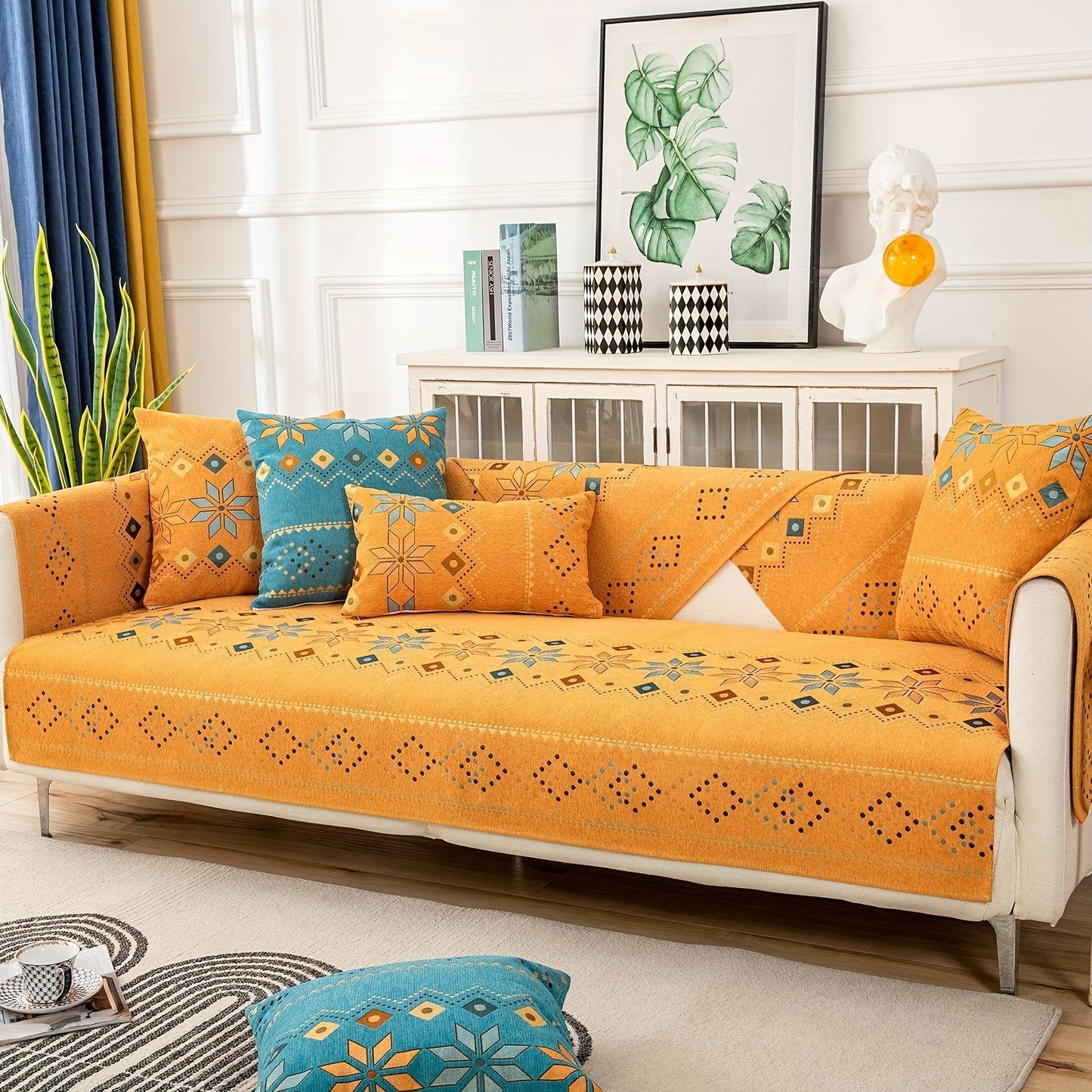 1pc Bohemian Chenille Sofa Slipcover, Geometric Pattern Non-slip Sofa Cover, Furniture Protector For Bedroom Office Living Room Home Decor