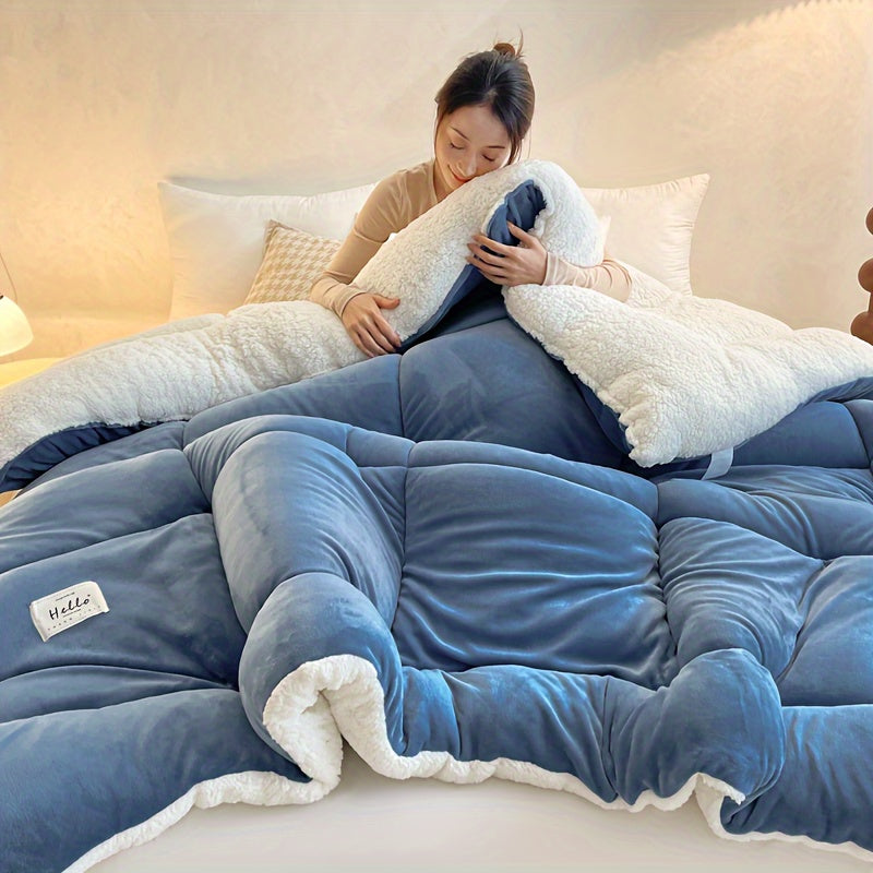 Ultra Breathable Soft Comforter - 1pc Thick Lamb Quilt Double-Sided Box Stitch Solid Color - All Season Cover Quilt for Bedroom Warm Autumn And Winter, Gift, Home Decor