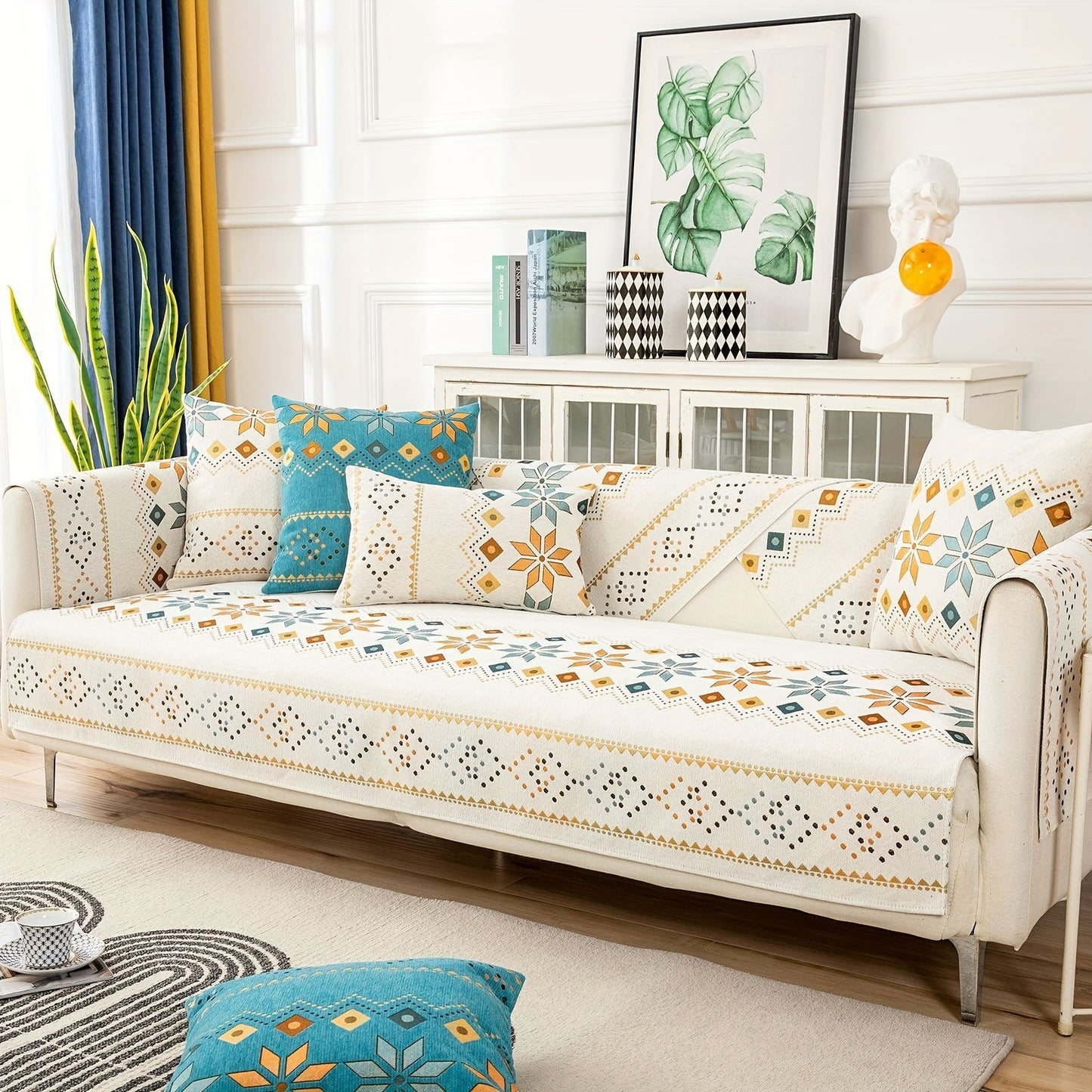 1pc Bohemian Chenille Sofa Slipcover, Geometric Pattern Non-slip Sofa Cover, Furniture Protector For Bedroom Office Living Room Home Decor