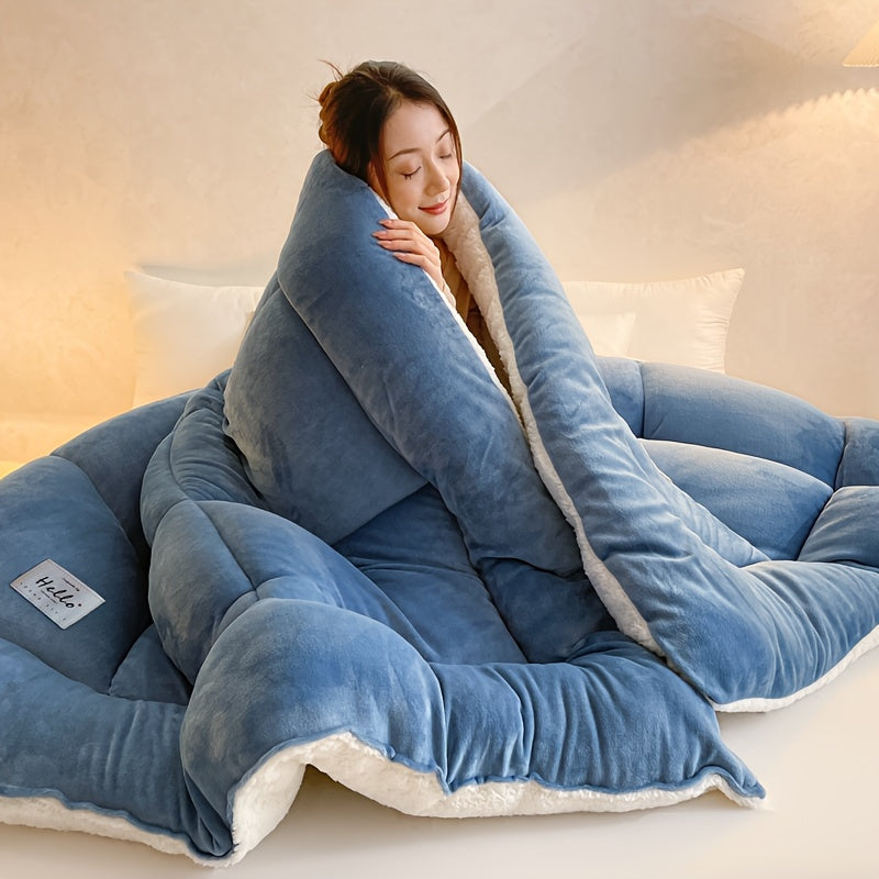 Ultra Breathable Soft Comforter - 1pc Thick Lamb Quilt Double-Sided Box Stitch Solid Color - All Season Cover Quilt for Bedroom Warm Autumn And Winter, Gift, Home Decor