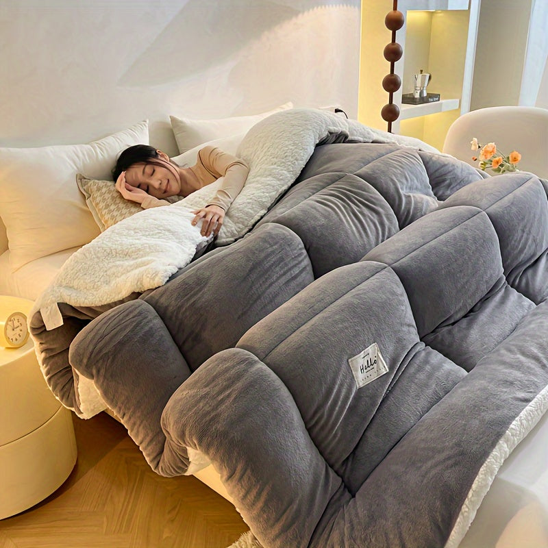 Ultra Breathable Soft Comforter - 1pc Thick Lamb Quilt Double-Sided Box Stitch Solid Color - All Season Cover Quilt for Bedroom Warm Autumn And Winter, Gift, Home Decor