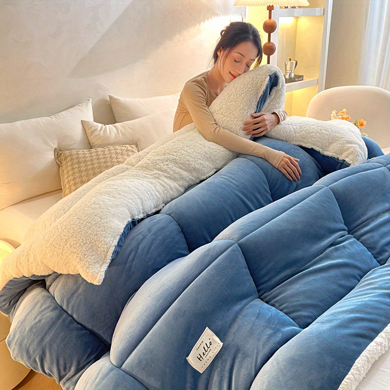 Ultra Breathable Soft Comforter - 1pc Thick Lamb Quilt Double-Sided Box Stitch Solid Color - All Season Cover Quilt for Bedroom Warm Autumn And Winter, Gift, Home Decor