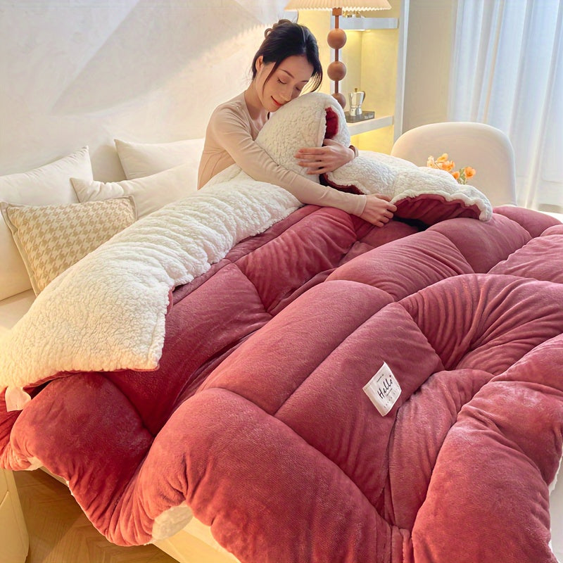 Ultra Breathable Soft Comforter - 1pc Thick Lamb Quilt Double-Sided Box Stitch Solid Color - All Season Cover Quilt for Bedroom Warm Autumn And Winter, Gift, Home Decor