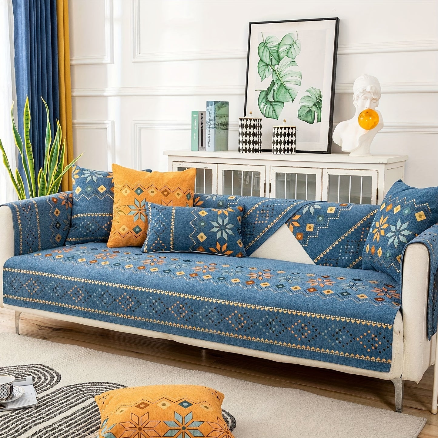 1pc Bohemian Chenille Sofa Slipcover, Geometric Pattern Non-slip Sofa Cover, Furniture Protector For Bedroom Office Living Room Home Decor