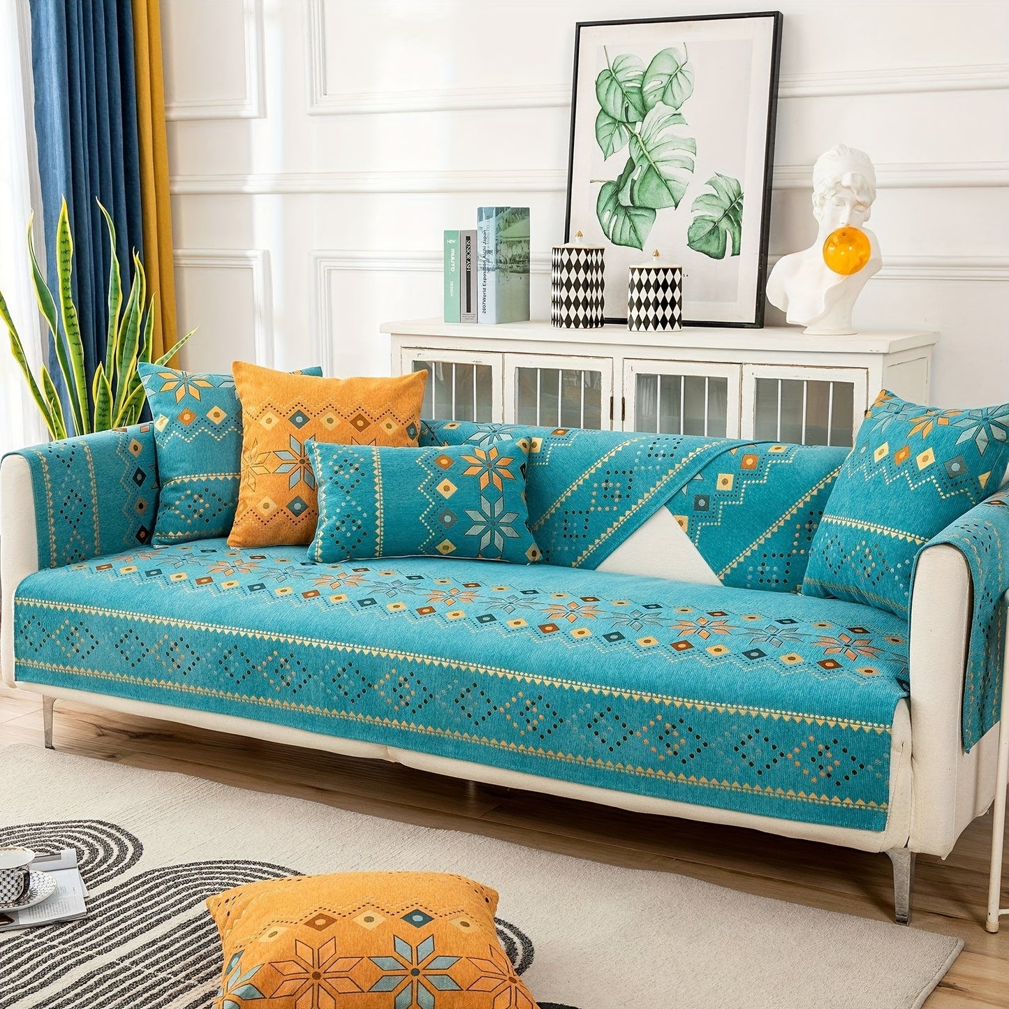 1pc Bohemian Chenille Sofa Slipcover, Geometric Pattern Non-slip Sofa Cover, Furniture Protector For Bedroom Office Living Room Home Decor
