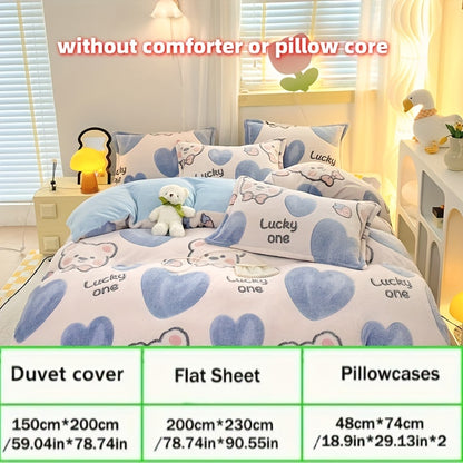 4pcs Preppy Style Bedding Set - Cartoon Bear Pattern, Soft Plush Milk Velvet Comforter Set, Machine Washable, Includes 1 Sheet, 1 Duvet Cover, 2 Pillowcases, Warm Fabric, No Insert - Ideal for Dorm, Bedroom, Guest Room