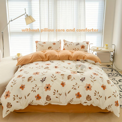 4pcs Flower Print Duvet Cover Set (1*Duvet Cover + 1*Flat Sheet + 2*Pillowcase, Without Core), Floral Leaf Printed Bedding Set, Soft Comfortable Four Seasons Universal Duvet Cover, for Bedroom, Guest Room