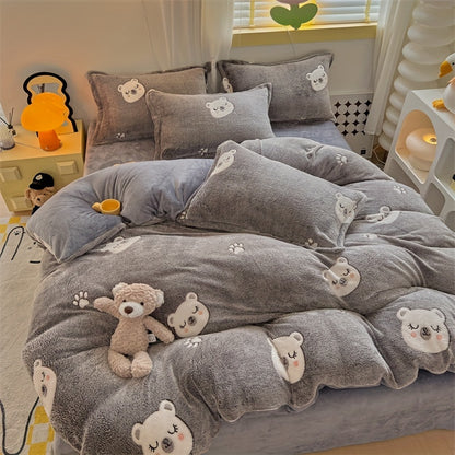 3pcs Animal Print Quilt Cover Set - Long Fleece, All-Season, Cute Bear Design, Machine Washable, Polyester Fabric, No Duvet Included, Zipper Closure, Woven Craftsmanship, 160-180g Fabric Square Weight