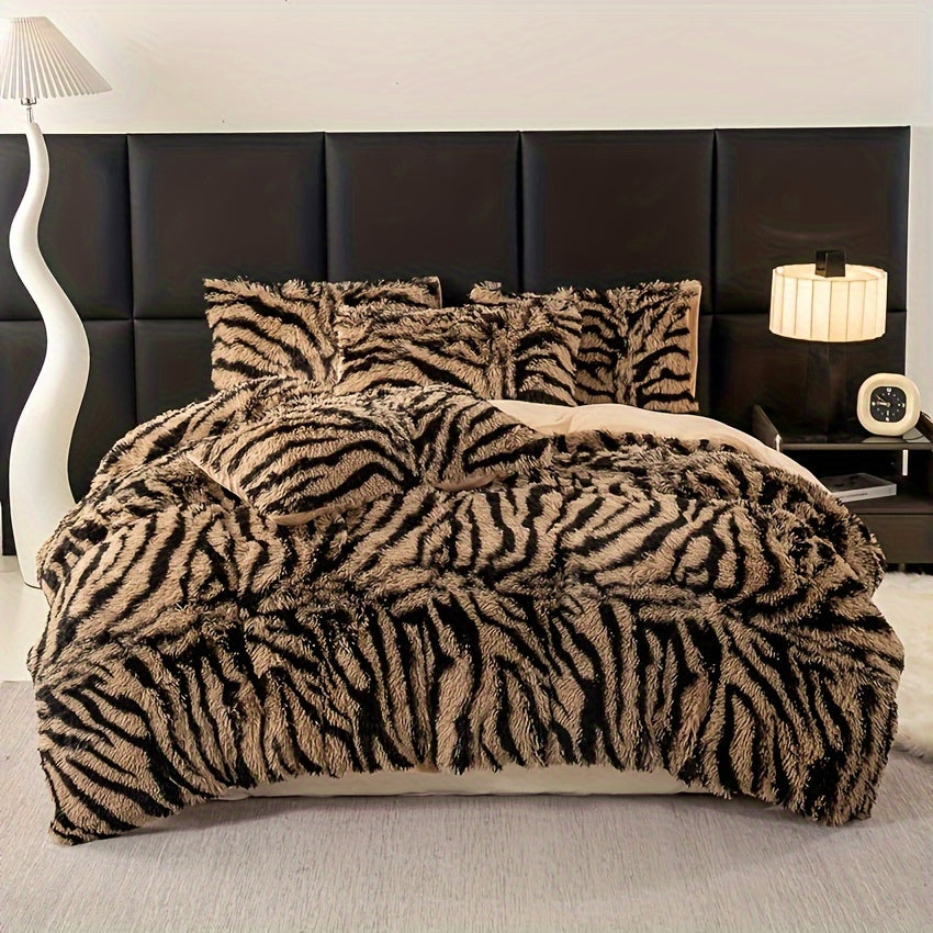 3pcs Luxurious Leopard Print Faux Fur Bedding Set - Ultra-Soft, Cozy & Shaggy Duvet Cover and 2 Plush Pillowcases, Zip Closure, All-Season Comfort, Machine Washable, Polyester 100.0% - Perfect for Modern Chic Bedrooms