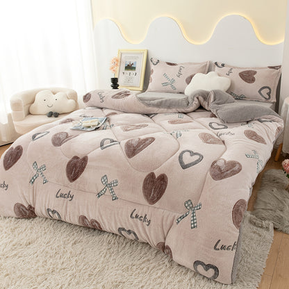 1pc Cozy Love & Bow Quilted Fleece Comforter - Soft Pink with Brown Hearts, Polka Dots & "Lucky" Text Design, Warm Polyester Fabric for Bedroom or Guest Room, All-Season Use, Cute Blanket