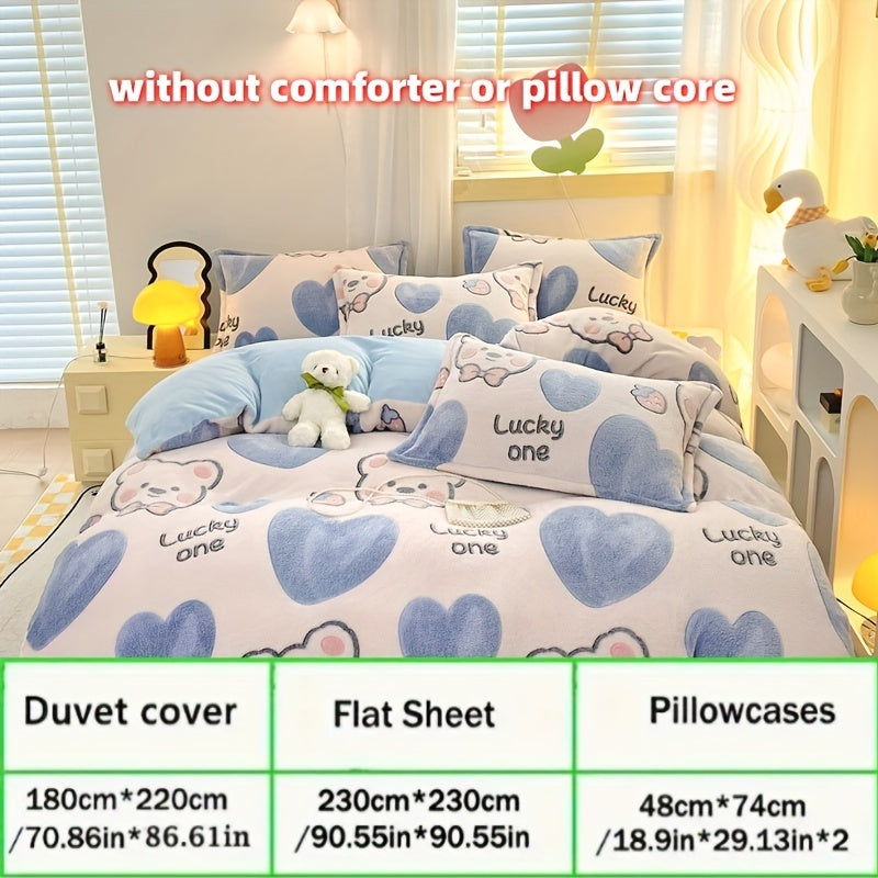 4pcs Preppy Style Bedding Set - Cartoon Bear Pattern, Soft Plush Milk Velvet Comforter Set, Machine Washable, Includes 1 Sheet, 1 Duvet Cover, 2 Pillowcases, Warm Fabric, No Insert - Ideal for Dorm, Bedroom, Guest Room