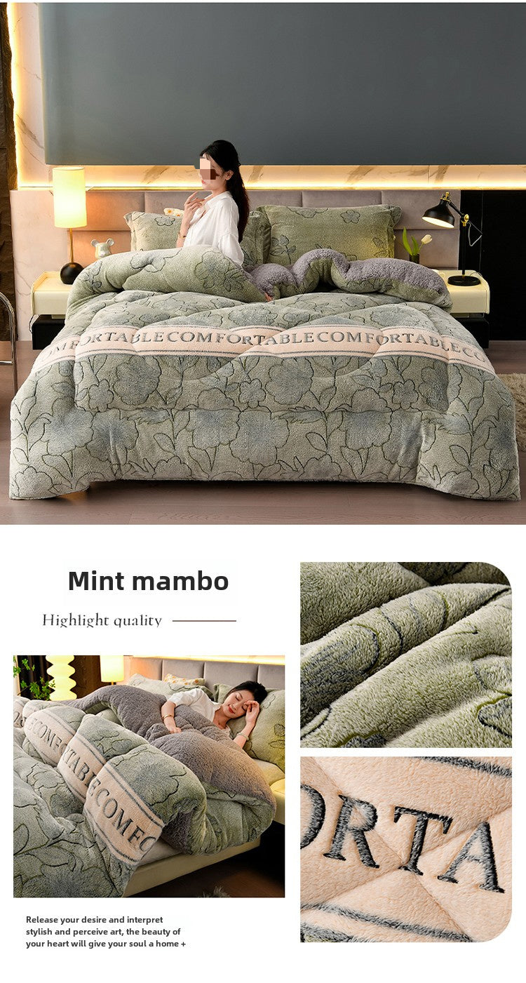 1pc Cozy Winter Comforter - Green Floral AB Version Snow Velvet Fleece, Active Print, Non-Fading, 86.6x94.4 inches, High Fill Power 5000g, Knitted Polyester Cover & Fill, Machine Washable, Ideal for Bedroom, Dorm, Hotel - Bed