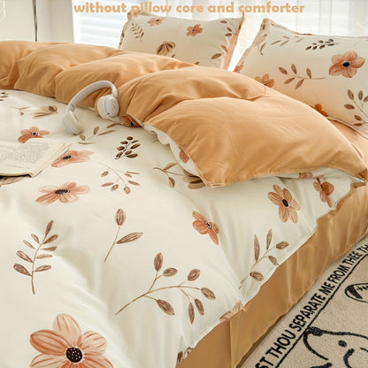 4pcs Flower Print Duvet Cover Set (1*Duvet Cover + 1*Flat Sheet + 2*Pillowcase, Without Core), Floral Leaf Printed Bedding Set, Soft Comfortable Four Seasons Universal Duvet Cover, for Bedroom, Guest Room