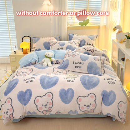 4pcs Preppy Style Bedding Set - Cartoon Bear Pattern, Soft Plush Milk Velvet Comforter Set, Machine Washable, Includes 1 Sheet, 1 Duvet Cover, 2 Pillowcases, Warm Fabric, No Insert - Ideal for Dorm, Bedroom, Guest Room