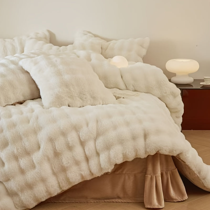 3pcs Simple Solid Color Super Soft Imitation Rabbit Hair Quilt Cover 1 Quilt Cover + 2 Pillowcases, No Core, Polyester, Machine Washable, Comfortable All Seasons, Zipper Closure, Soft and Warm Home and Hotel Bedding