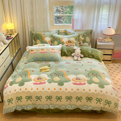 3pcs autumn and winter thickened double-sided warm velvet dinosaur, cake, flower, star, offset printing pattern snowflake velvet kit, (1pc of quilt cover, 2 pillowcases, no bed sheet, quilt and pillow), bedding, very suitable