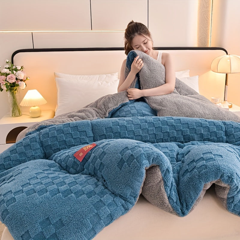 1pc High-Quality Double-Sided Thickened Warm Fleece Winter Comforter, Home Use, Winter Season, Simple Pattern, Multi-Purpose, Milk Fleece, Woven, Quilted, Active Print, Polyester Fill, Polyester Cover, 200-250g Fabric Square