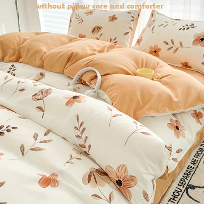 4pcs Flower Print Duvet Cover Set (1*Duvet Cover + 1*Flat Sheet + 2*Pillowcase, Without Core), Floral Leaf Printed Bedding Set, Soft Comfortable Four Seasons Universal Duvet Cover, for Bedroom, Guest Room