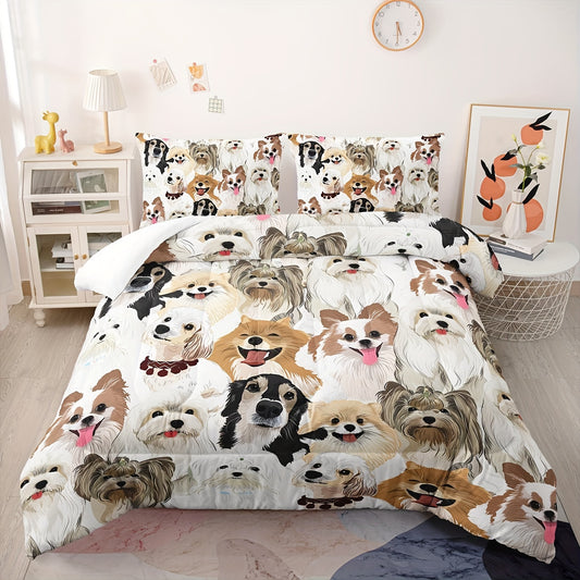 Cartoon Dog Comforter Set, Cute Dog Animals Bedding Set Soft Microfiber All Season (1 Comforter & 2 Pillowcases)