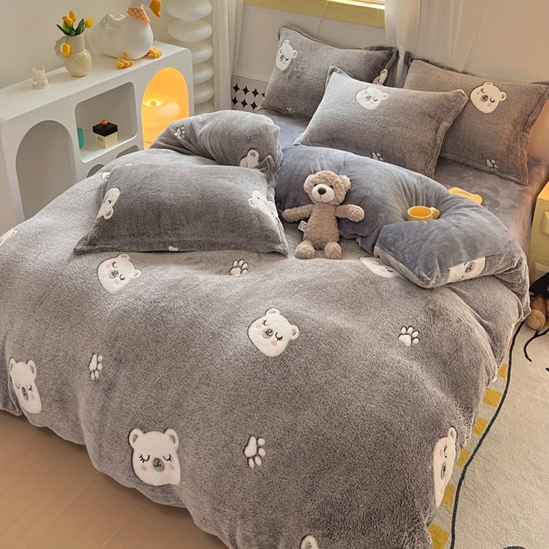 3pcs Animal Print Quilt Cover Set - Long Fleece, All-Season, Cute Bear Design, Machine Washable, Polyester Fabric, No Duvet Included, Zipper Closure, Woven Craftsmanship, 160-180g Fabric Square Weight