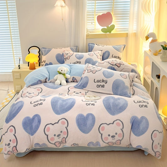 4pcs Preppy Style Bedding Set - Cartoon Bear Pattern, Soft Plush Milk Velvet Comforter Set, Machine Washable, Includes 1 Sheet, 1 Duvet Cover, 2 Pillowcases, Warm Fabric, No Insert - Ideal for Dorm, Bedroom, Guest Room