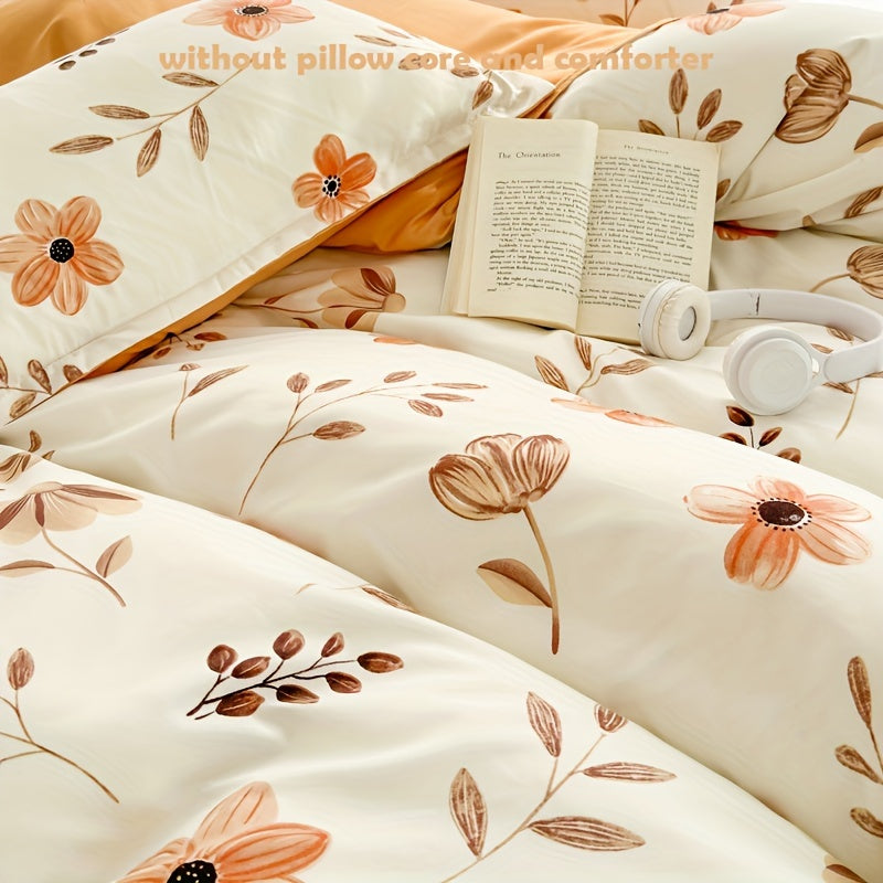 4pcs Flower Print Duvet Cover Set (1*Duvet Cover + 1*Flat Sheet + 2*Pillowcase, Without Core), Floral Leaf Printed Bedding Set, Soft Comfortable Four Seasons Universal Duvet Cover, for Bedroom, Guest Room