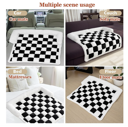 Cream Square Plaid Cozy Dog Mat Furniture Protector Cover