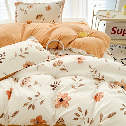 4pcs Flower Print Duvet Cover Set (1*Duvet Cover + 1*Flat Sheet + 2*Pillowcase, Without Core), Floral Leaf Printed Bedding Set, Soft Comfortable Four Seasons Universal Duvet Cover, for Bedroom, Guest Room