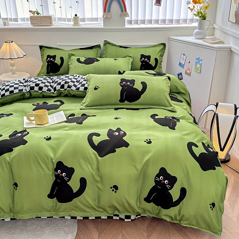 3pcs Whimsy Cat Print Duvet Cover Set, Soft Breathable Polyester Bedding with Zipper Closure, Machine Washable, All-Season Comfort, Sanded Craftsmanship, 80-85gsm - Quilt Cover and 2 Pillowcases (No Insert)