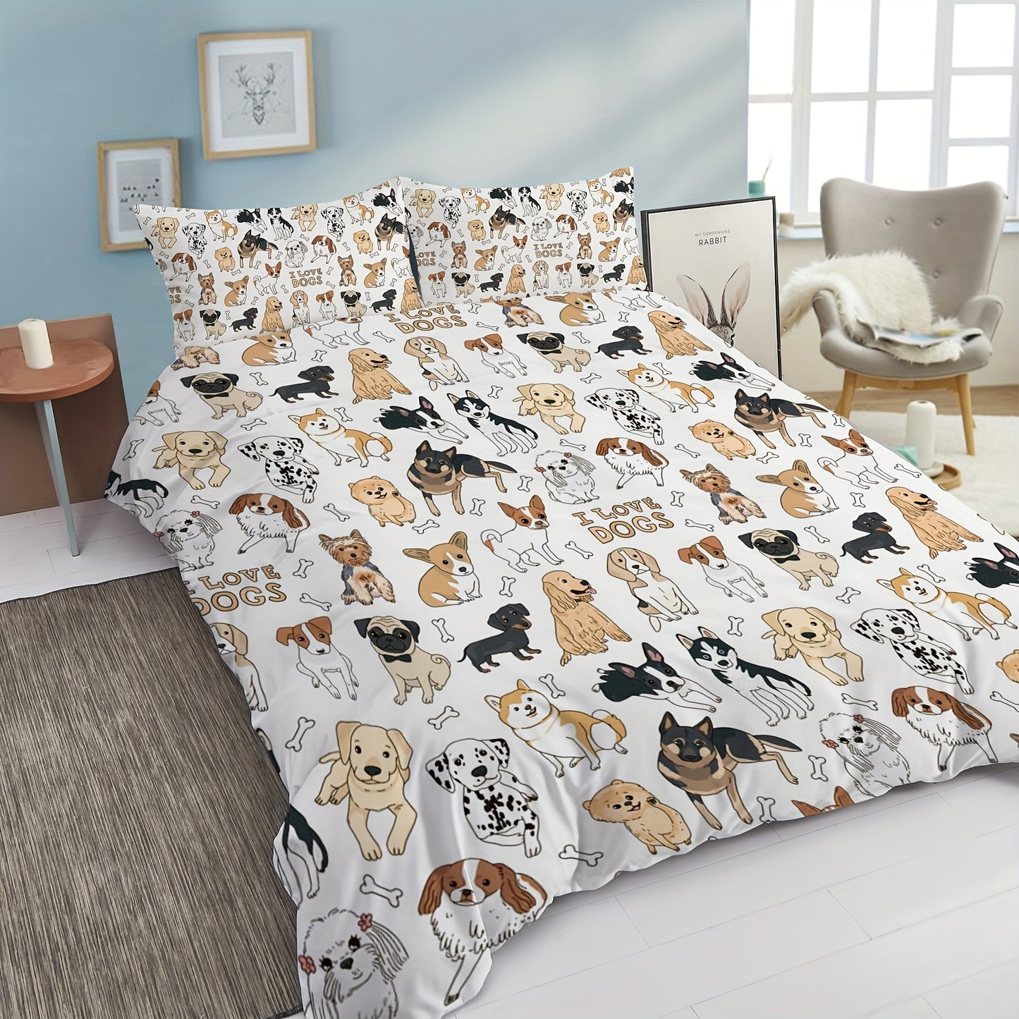 Bed Covers, [2/3pcs Pet Dog Print Duvet] 2/3pcs Duvet Cover Set, (1 Duvet Cover + 1/2 Pillowcase, Without Core) Pet Family Playmate Dog Golden Retriever Spot Dog corgi Dog French Bulldog Print Soft Comfortable Bedding Set for Bedroom Dor