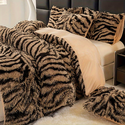 3pcs Luxurious Leopard Print Faux Fur Bedding Set - Ultra-Soft, Cozy & Shaggy Duvet Cover and 2 Plush Pillowcases, Zip Closure, All-Season Comfort, Machine Washable, Polyester 100.0% - Perfect for Modern Chic Bedrooms