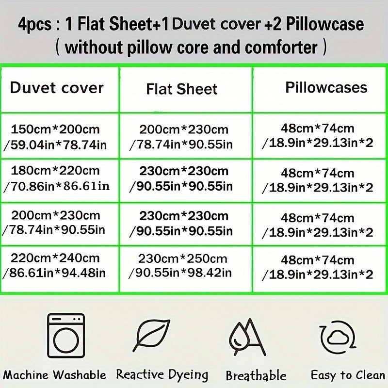 4pcs Flower Print Duvet Cover Set (1*Duvet Cover + 1*Flat Sheet + 2*Pillowcase, Without Core), Floral Leaf Printed Bedding Set, Soft Comfortable Four Seasons Universal Duvet Cover, for Bedroom, Guest Room