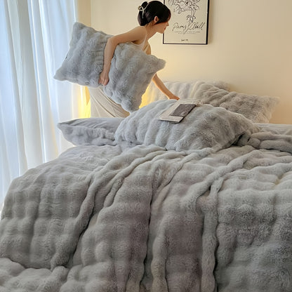 3pcs Simple Solid Color Super Soft Imitation Rabbit Hair Quilt Cover 1 Quilt Cover + 2 Pillowcases, No Core, Polyester, Machine Washable, Comfortable All Seasons, Zipper Closure, Soft and Warm Home and Hotel Bedding