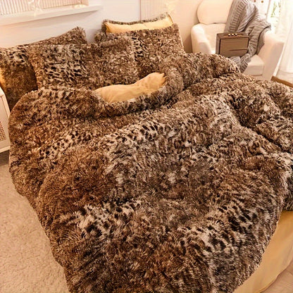 BED COVERS, [3pcs Luxurious Leopard Print Duvet] 3pcs Luxurious Leopard Print Faux Fur Duvet Cover Set, Fluffy Shaggy Duvet Cover With 2 Pillowcases (No Core), Ultra-Soft And Warm Duvet Set For Bedroom Decor