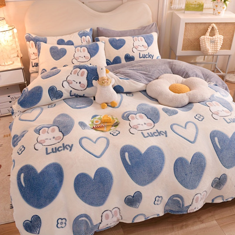 BED COVERS,[3pcs Soft Anime Duvet Set] 3pcs Anime Cartoon Love Pattern Duvet Set, Thickened Double-Sided Velvet, Soft & Warm, Breathable Polyester Bedding with Zipper Closure, Machine Washable, Includes 1 Duvet Cover & 2 Pillowcases (No