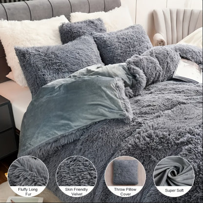 Plush Duvet Cover Set Valentine's Day Gift, Luxury Ultra Soft Velvet Duvet Cover Set Fluffy Plush Shaggy Bedding Sets 4pcs (1 Duvet Cover + 2 Pillow Case + 1 Pillow Cover) Zipper Closure, Birthday Gift