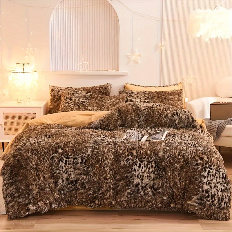 BED COVERS, [3pcs Luxurious Leopard Print Duvet] 3pcs Luxurious Leopard Print Faux Fur Duvet Cover Set, Fluffy Shaggy Duvet Cover With 2 Pillowcases (No Core), Ultra-Soft And Warm Duvet Set For Bedroom Decor