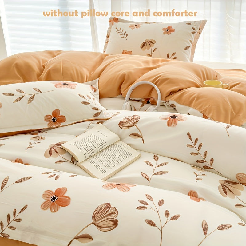 4pcs Flower Print Duvet Cover Set (1*Duvet Cover + 1*Flat Sheet + 2*Pillowcase, Without Core), Floral Leaf Printed Bedding Set, Soft Comfortable Four Seasons Universal Duvet Cover, for Bedroom, Guest Room