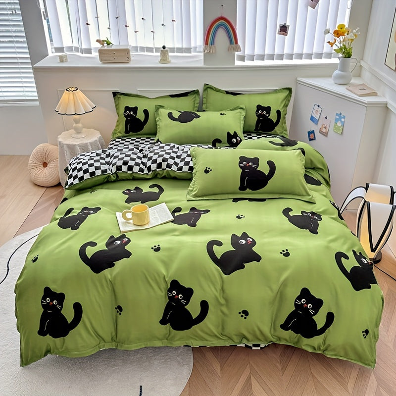 3pcs Whimsy Cat Print Duvet Cover Set, Soft Breathable Polyester Bedding with Zipper Closure, Machine Washable, All-Season Comfort, Sanded Craftsmanship, 80-85gsm - Quilt Cover and 2 Pillowcases (No Insert)