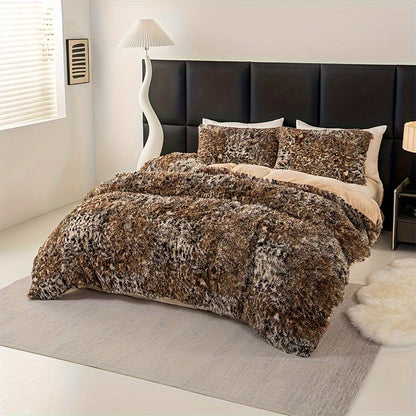 3pcs Luxurious Leopard Print Faux Fur Bedding Set - Ultra-Soft, Cozy & Shaggy Duvet Cover and 2 Plush Pillowcases, Zip Closure, All-Season Comfort, Machine Washable, Polyester 100.0% - Perfect for Modern Chic Bedrooms