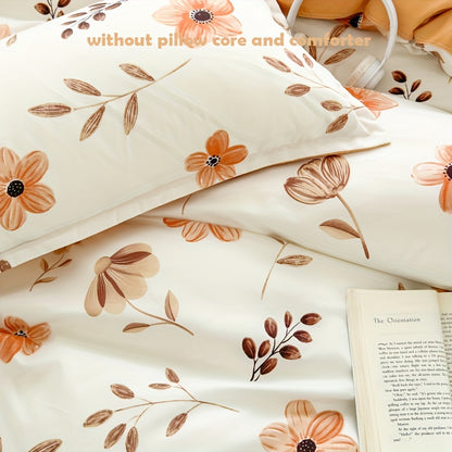 4pcs Flower Print Duvet Cover Set (1*Duvet Cover + 1*Flat Sheet + 2*Pillowcase, Without Core), Floral Leaf Printed Bedding Set, Soft Comfortable Four Seasons Universal Duvet Cover, for Bedroom, Guest Room