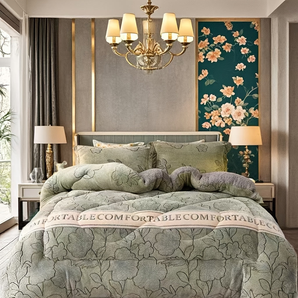 1pc Cozy Winter Comforter - Green Floral AB Version Snow Velvet Fleece, Active Print, Non-Fading, 86.6x94.4 inches, High Fill Power 5000g, Knitted Polyester Cover & Fill, Machine Washable, Ideal for Bedroom, Dorm, Hotel - Bed