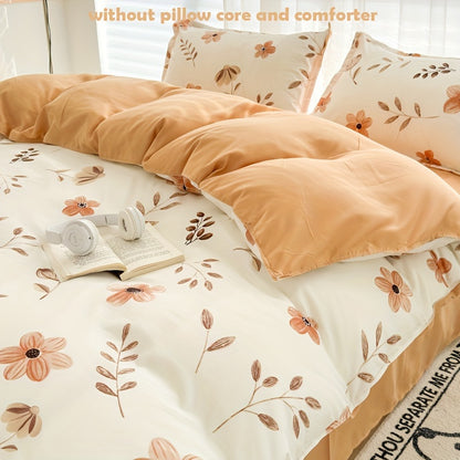 4pcs Flower Print Duvet Cover Set (1*Duvet Cover + 1*Flat Sheet + 2*Pillowcase, Without Core), Floral Leaf Printed Bedding Set, Soft Comfortable Four Seasons Universal Duvet Cover, for Bedroom, Guest Room