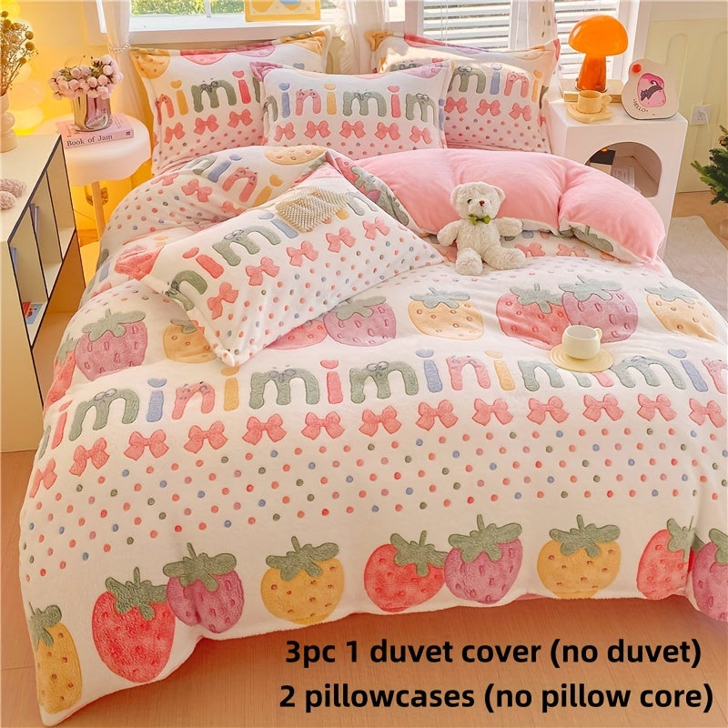 3pcs Floral Strawberry Duvet Cover Set - All-Season Zipper Closure, Machine Washable, Woven Polyester, Active Printing, Includes 2 Pillowcases - Thickened Warm Blanket for Bedroom & Living Room