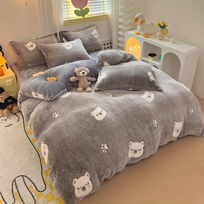 3pcs Animal Print Quilt Cover Set - Long Fleece, All-Season, Cute Bear Design, Machine Washable, Polyester Fabric, No Duvet Included, Zipper Closure, Woven Craftsmanship, 160-180g Fabric Square Weight