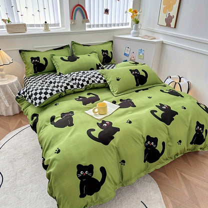 3pcs Whimsy Cat Print Duvet Cover Set, Soft Breathable Polyester Bedding with Zipper Closure, Machine Washable, All-Season Comfort, Sanded Craftsmanship, 80-85gsm - Quilt Cover and 2 Pillowcases (No Insert)