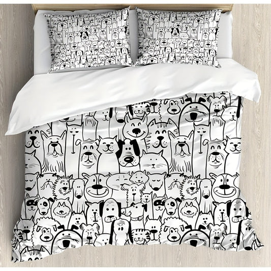 Pet duvet cover, a set of dog and cat animal happy cartoon inspired design, decorated 3pcs bedding set, 1 duvet cover +2 pillowcases, no core, black and white